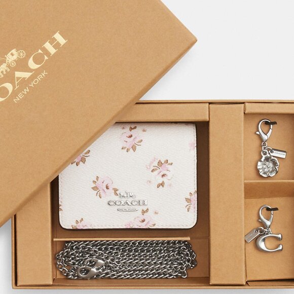 Coach Boxed Mini Wallet On A Chain With Floral Print - Picture 1 of 6